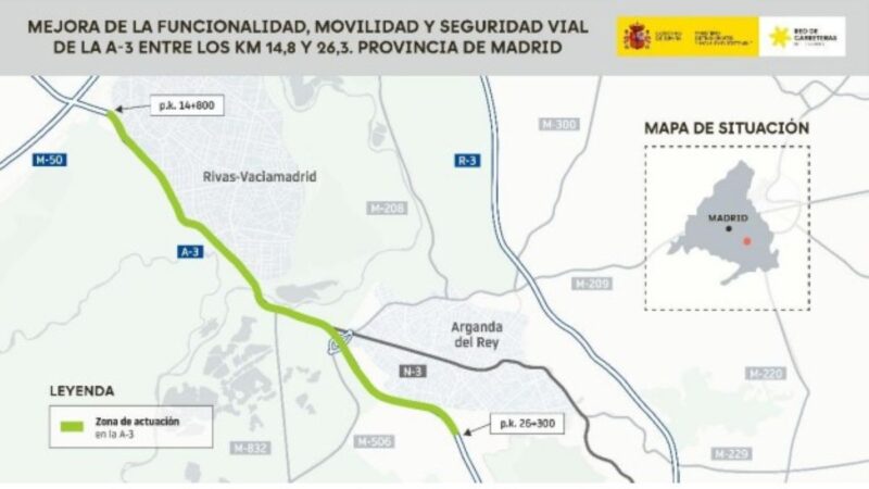 Transportes licita la redacción del proyecto para mejorar 11,5 kilómetros de la A-3 entre Rivas y Arganda