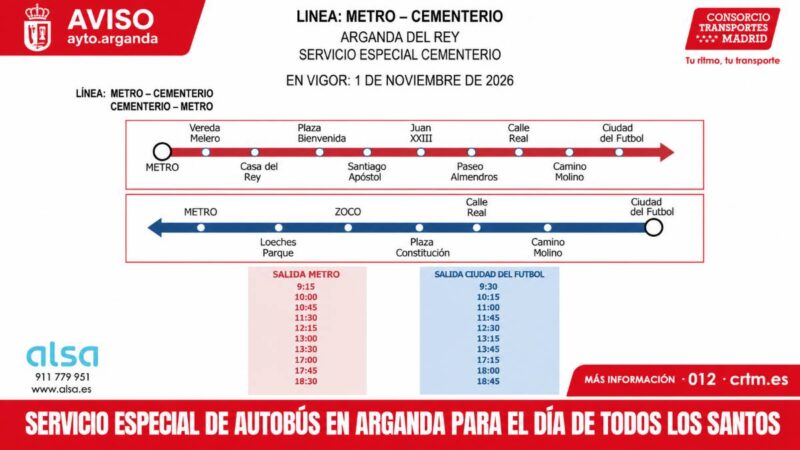 Arganda activa un servicio especial de autobús al cementerio por el Día de Todos los Santos