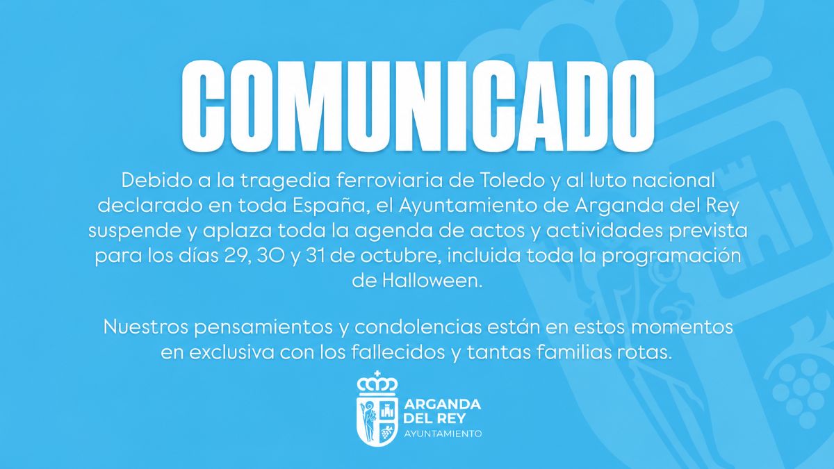 Arganda suspende todos los actos y actividades previstos hasta el 31 de octubre por la tragedia ferroviaria incluida la programación de Halloween